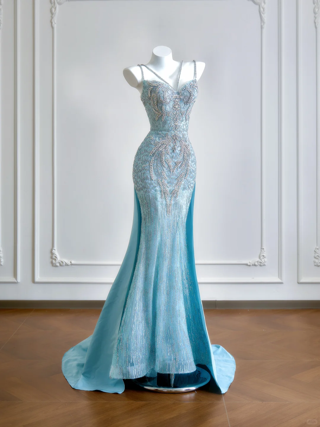 Blue Mermaid Spaghetti Strap Exquisite Beaded Satin Long Prom Dresses DP4185