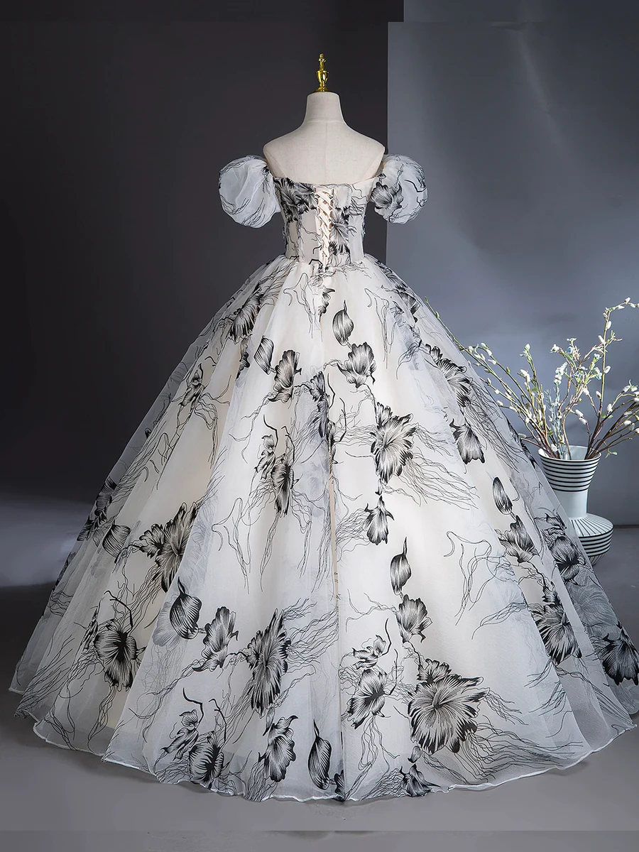 Elegant Printing Floor Length Prom Dress Off the Shoulder Puffy Short Sleeves Ball Gown DP310