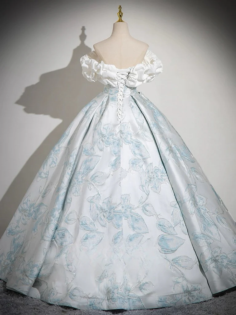 Classical Prints Off Shoulder Satin Long Prom Dress Formal Ball Dress DP524