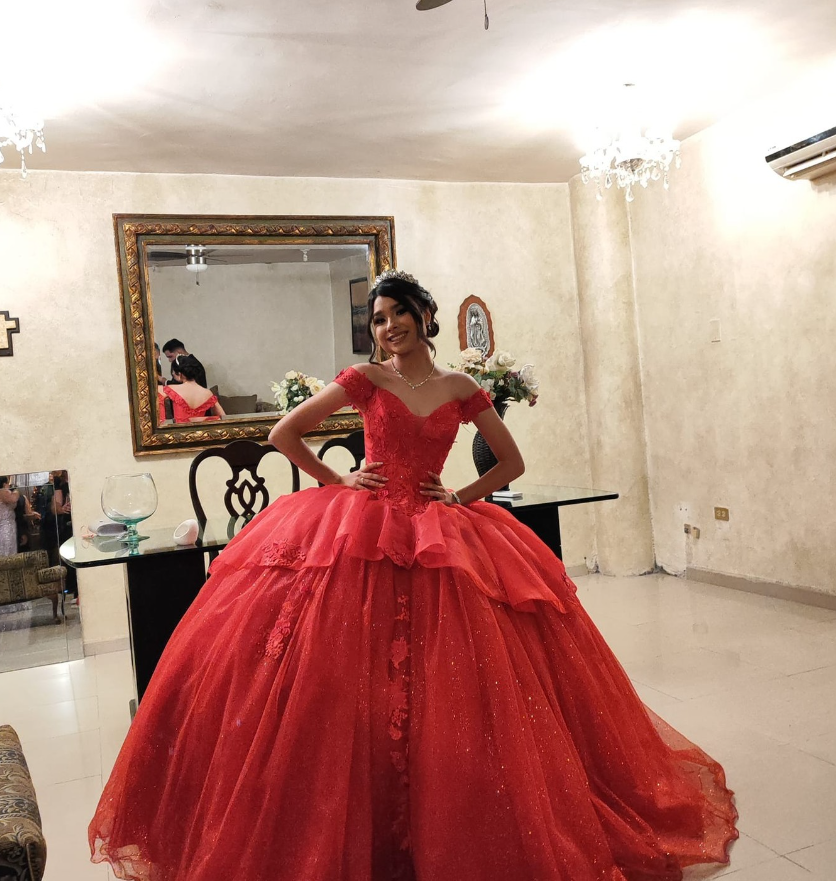 Gorgeous Red Off the Shoulder Corset Sequin Tulle Ball Gown Sweet 16 Dress Quinceanera Dress DP1863