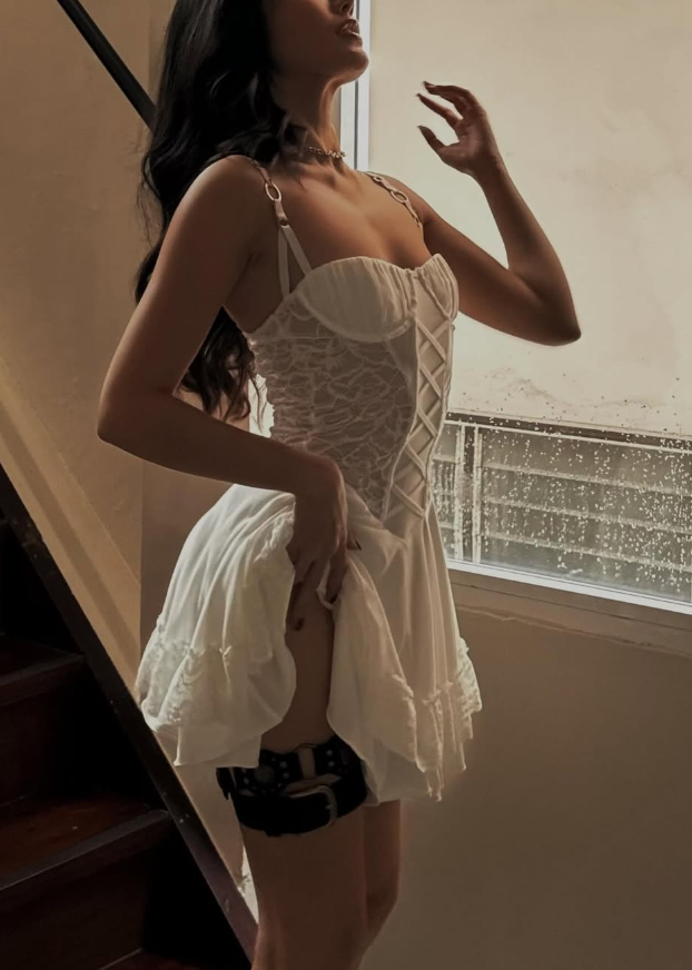Sexy A Line Spaghetti Strap White Lace Satin Short Homecoming Dress Birthday Dress DP1655