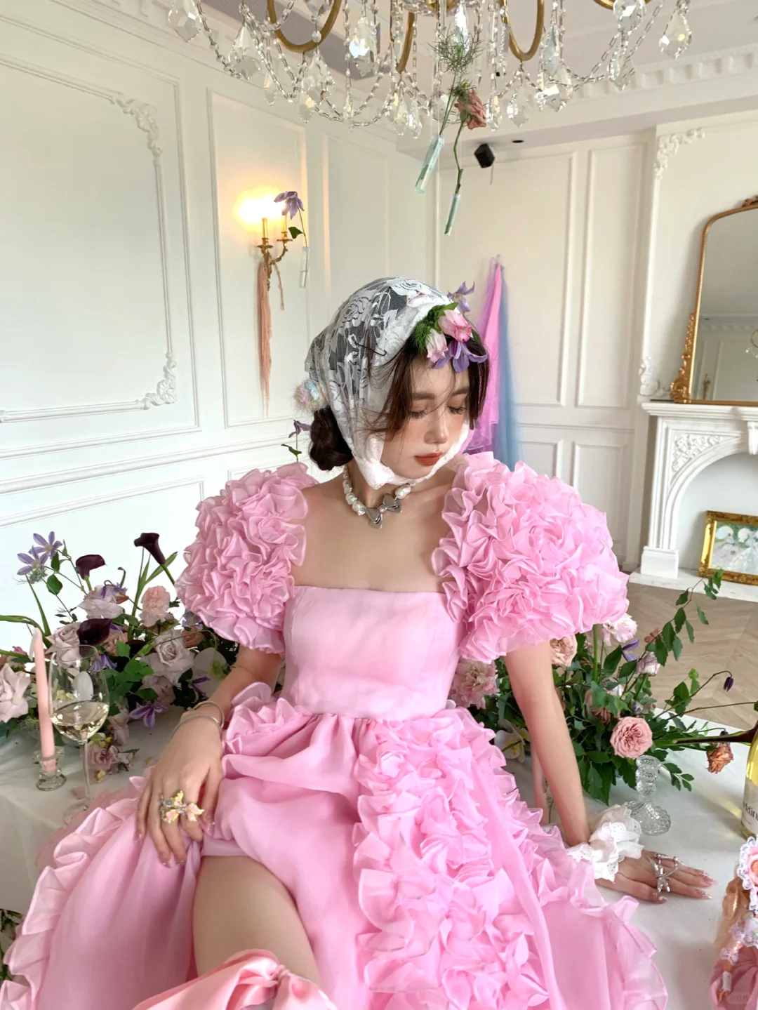 Pink Ball Gown Puff Flower Chiffon Long Party Dress Birthday Dress with Slit DP2502