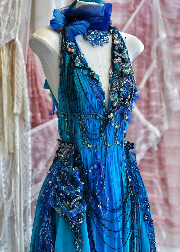Blue Exquisite Beaded A Line V Neck Floral Chiffon Prom Dress 16th Birthday Dress DP3800