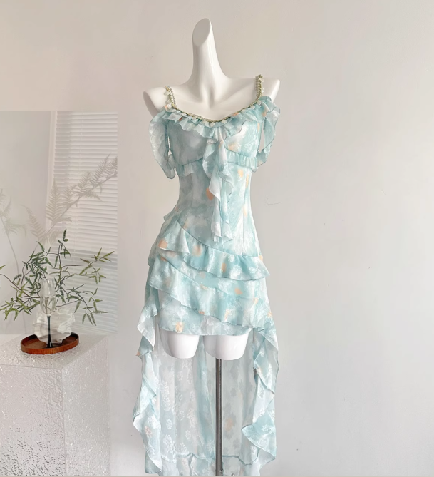 Blue A Line Spaghetti Strap Beaded Layered Chiffon Vacation Dress Homecoming Dress Outfits DP3547