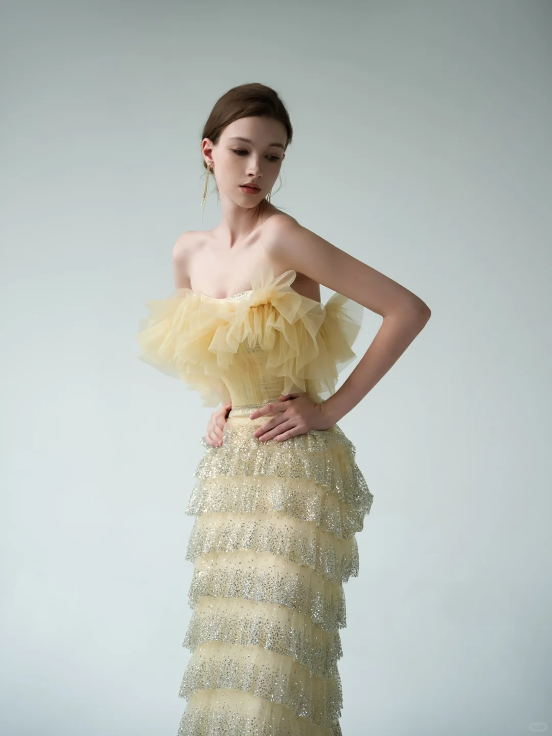 Yellow Sheath Strapless Layered Tulle Sequin Party Dress Prom Dress Formal Gown DP3726