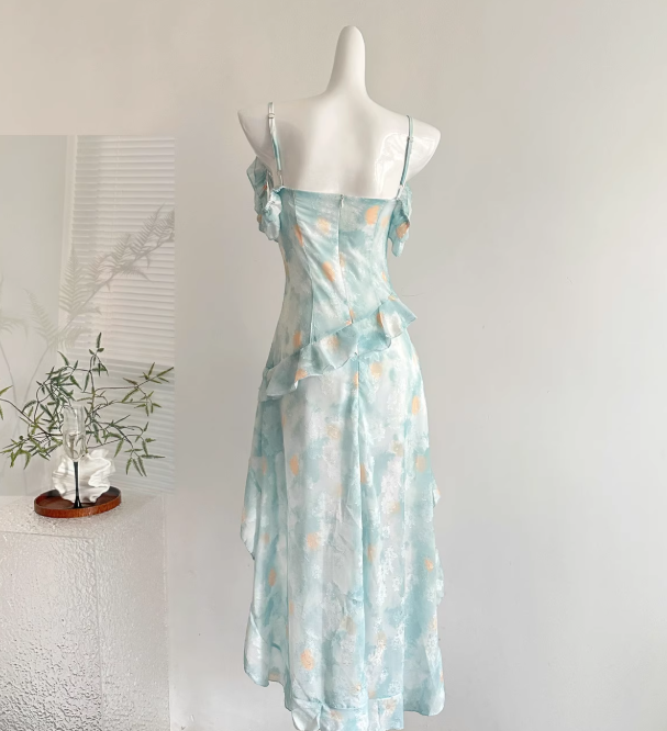 Blue A Line Spaghetti Strap Beaded Layered Chiffon Vacation Dress Homecoming Dress Outfits DP3547