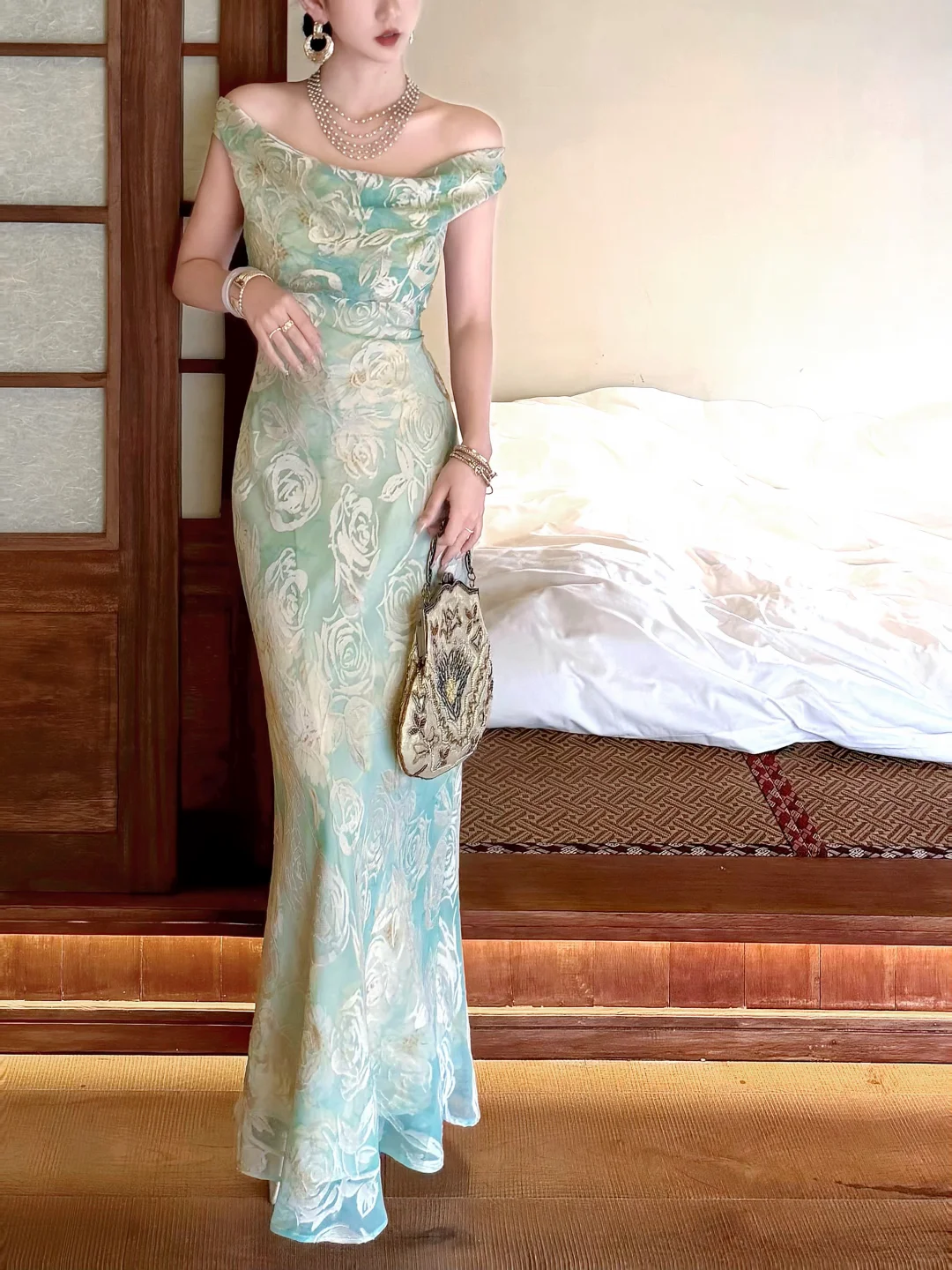 Light Green Mermaid Rose Print Chiffon Long Prom Dress Evening Dress DP5650