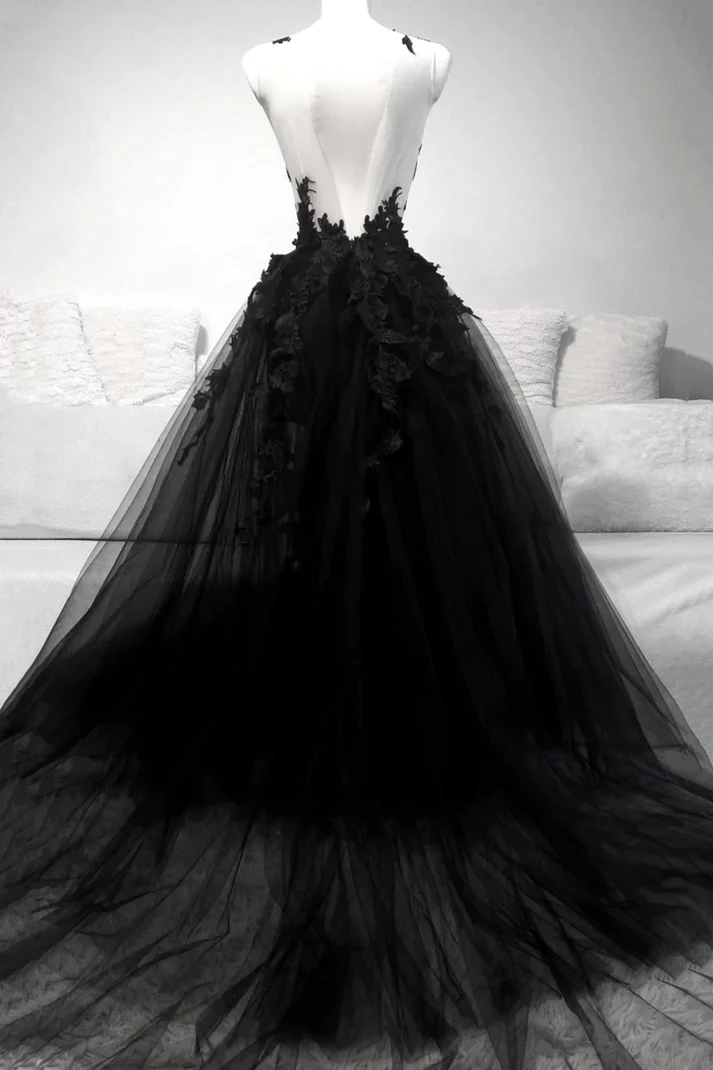 Black Lace Tulle Long Prom Dress A Line Evening Dress Wedding Dress DP001