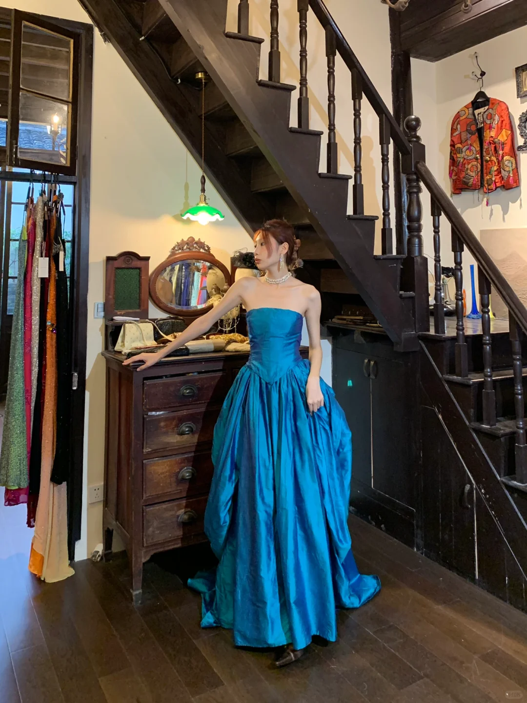 Vintage A Line Strapless Blue Satin Long Party Dress Evening Dress DP2438