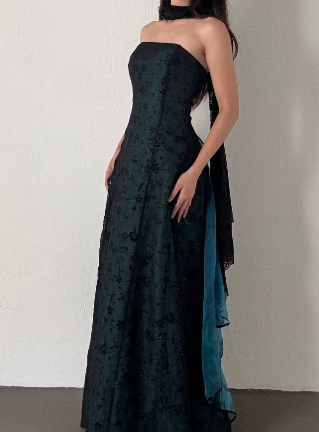 Vintage A Line Strapless Appliques Black Blue Tulle Prom Dress Graduation Prom Dress DP2257