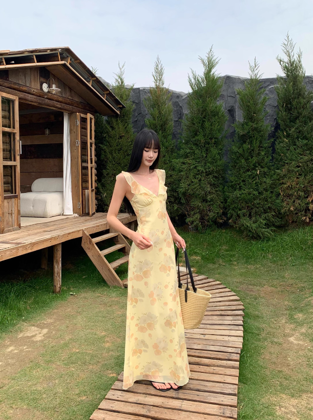 Yellow Print Floral A Line Straps Chiffon Prom Dress Party Dress Outfits DP3460