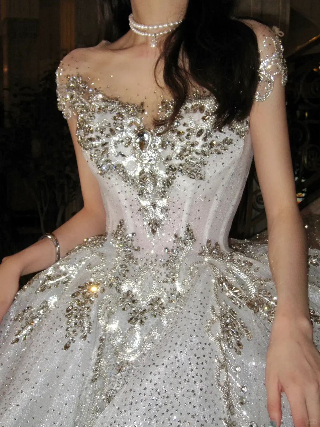 Elegant Ball Gown Off the Shoulder Beaded Silver Sequin White Tulle Prom Dress Wedding Dress DP4244
