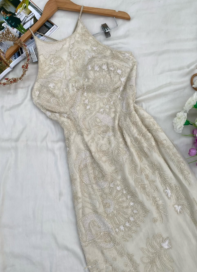 Vintage A Line Halter Beaded Ivory Satin and Chiffon Prom Dress Evening Dress DP1375