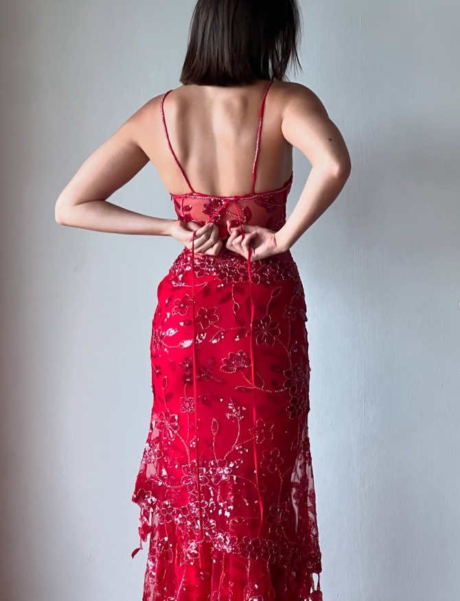 Stunning Sheath Spaghetti Strap Sequin Red Tulle Prom Dress Evening Dress DP1806