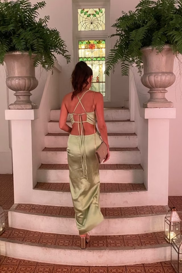 Sexy Green Mermaid V Neck Backless Satin Evening Dress Outfits with Slit DP1204