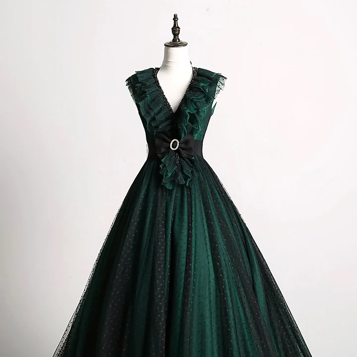 Gothic Forest Green Tulle Ball Gown Ruffles V Neck Long Prom Dress DP453