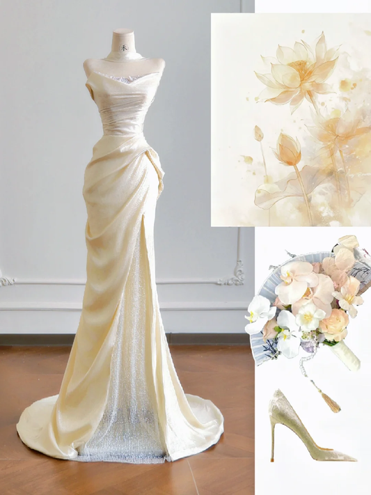 Light Champagne Mermaid Strapless Sequin Satin Long Prom Dresses DP4189