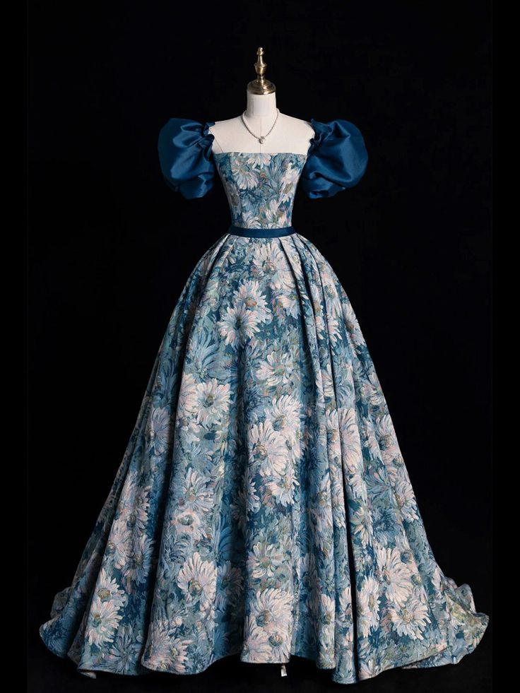 Blue Printed Long Prom Dress A Line Ball Gown Evening Dress DP121