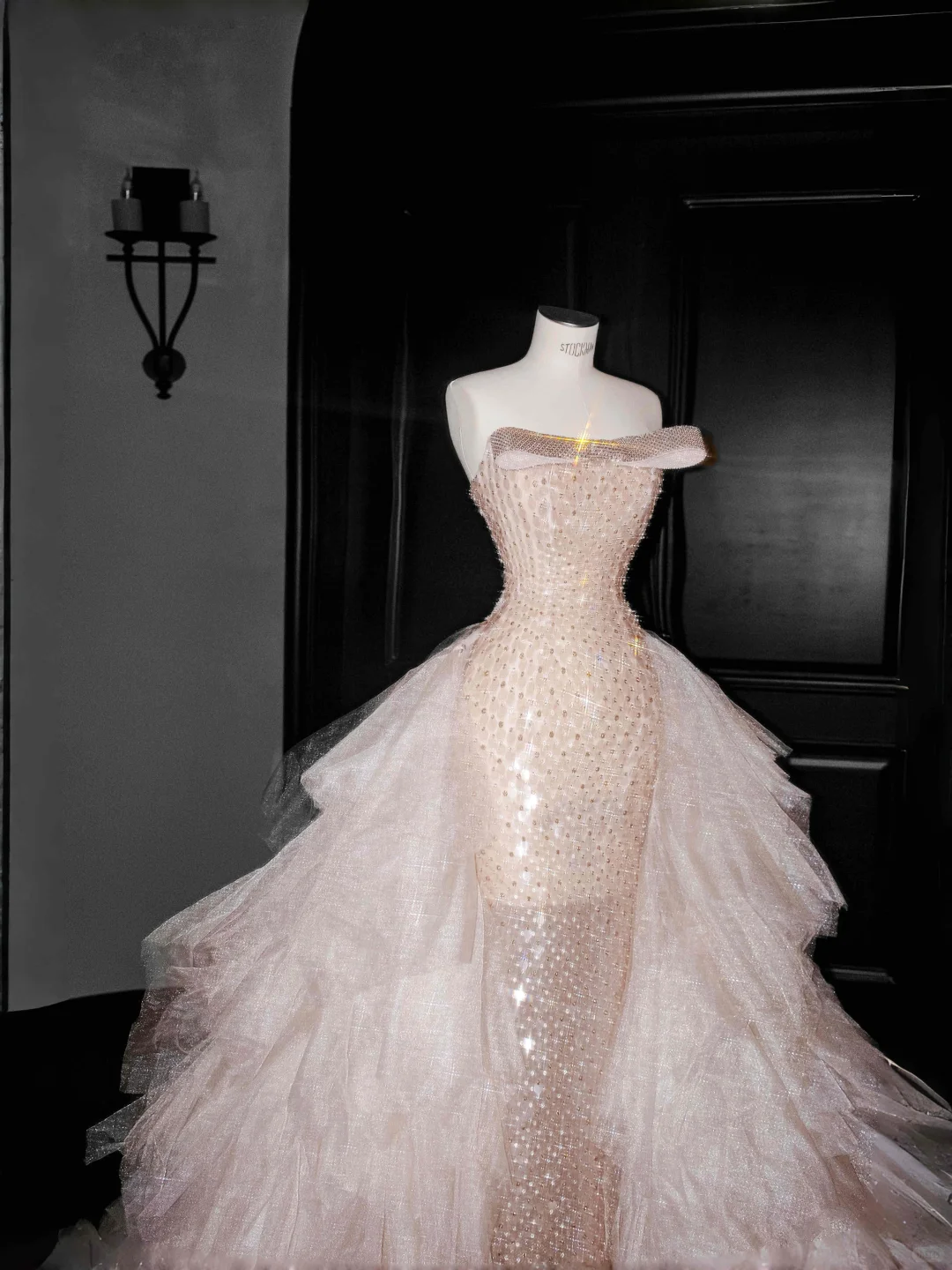 Champagne Sheath Strapless Beaded Sequin Tulle Long Prom Dress Evening Dress DP2656