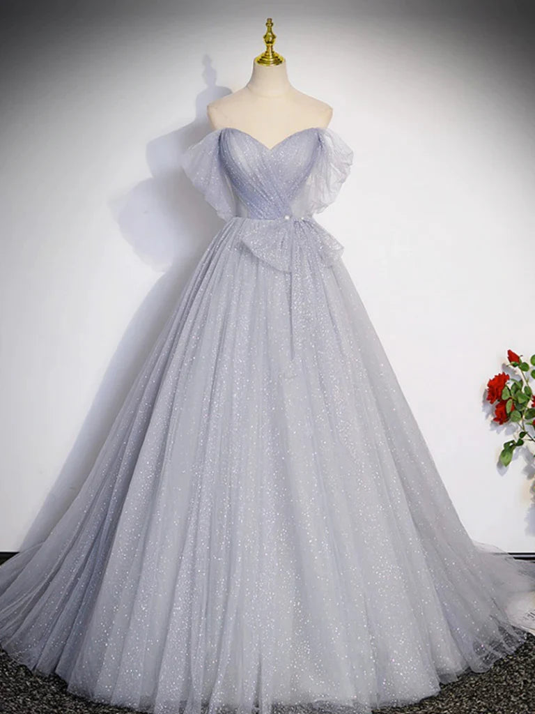 A Line Off-the-shoulder Gray Tulle Long Prom Dresses Evening Dresses DP992