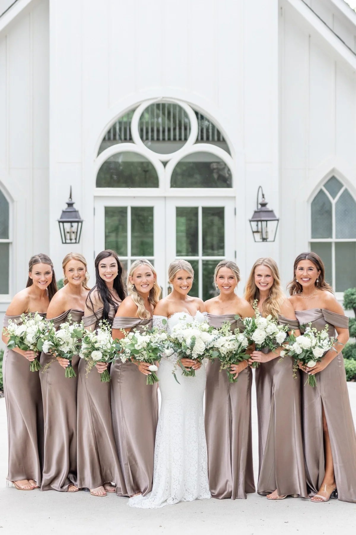 Off the Shoulder Champagne Bridesmaid Dress with Slit DP5862
