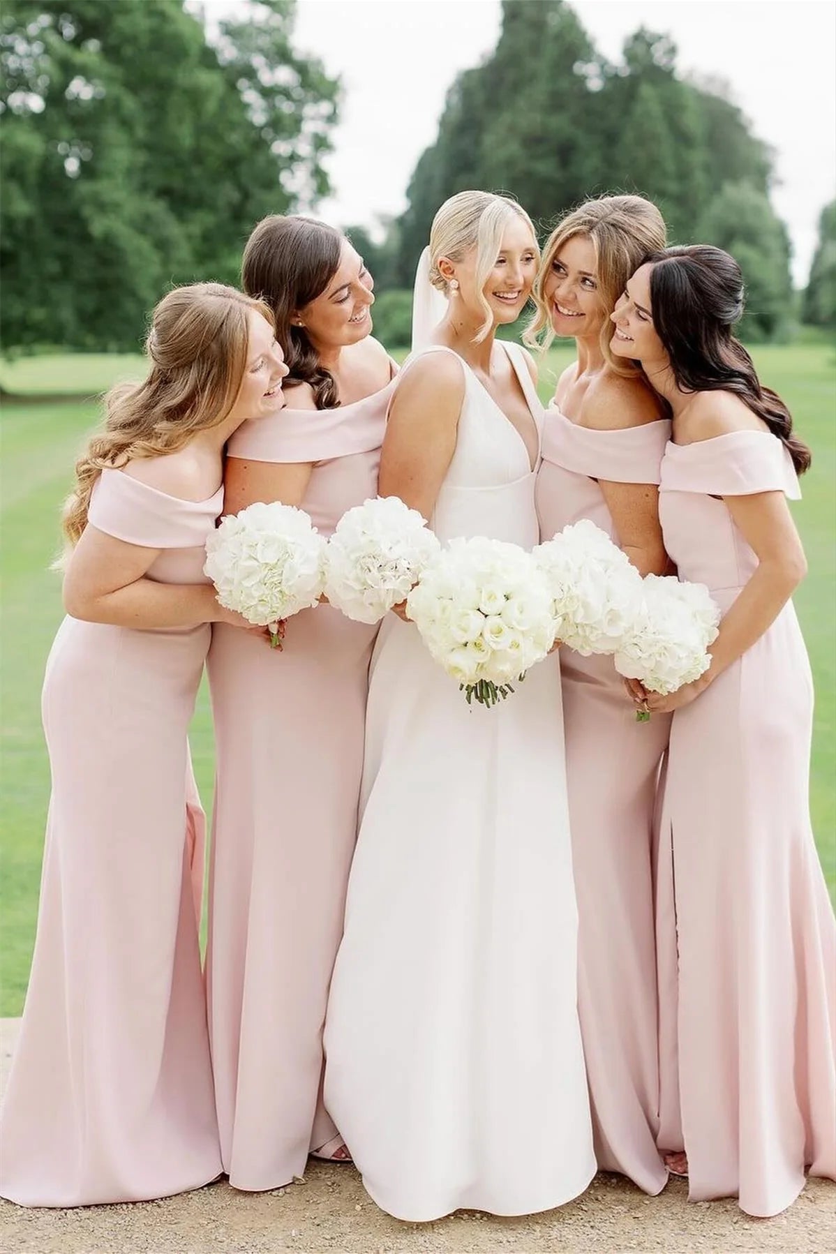 Elegant Mermaid Off the Shoulder Light Pink Satin Bridesmaid Dress DP5842