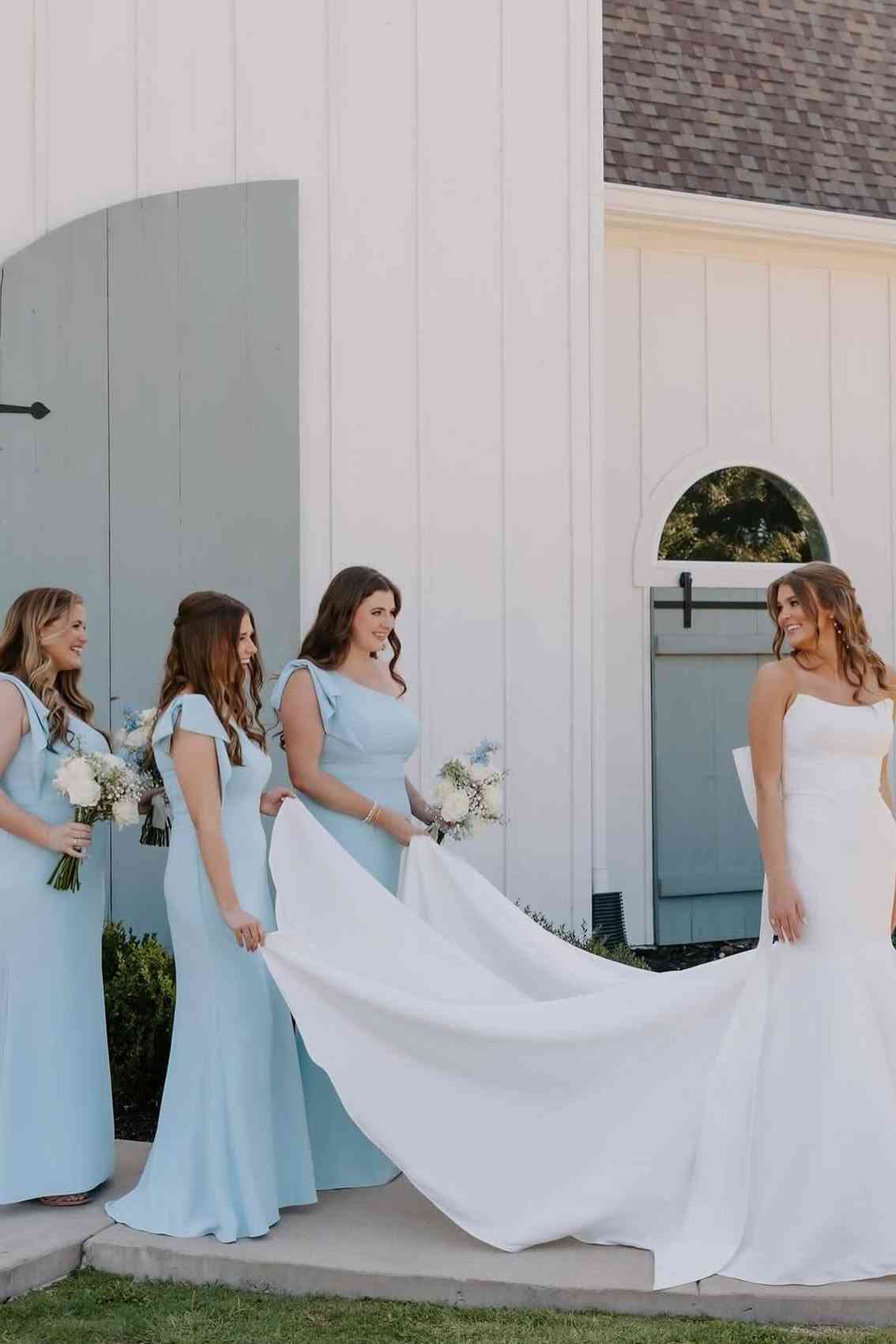 One Shoulder Light Blue Mermaid Bridesmaid Dress DP5876