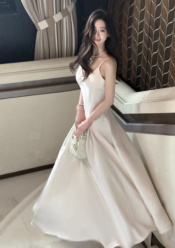 Simple White Spaghetti Strap Satin Prom Dress Evening Dress Party Dress DP3589