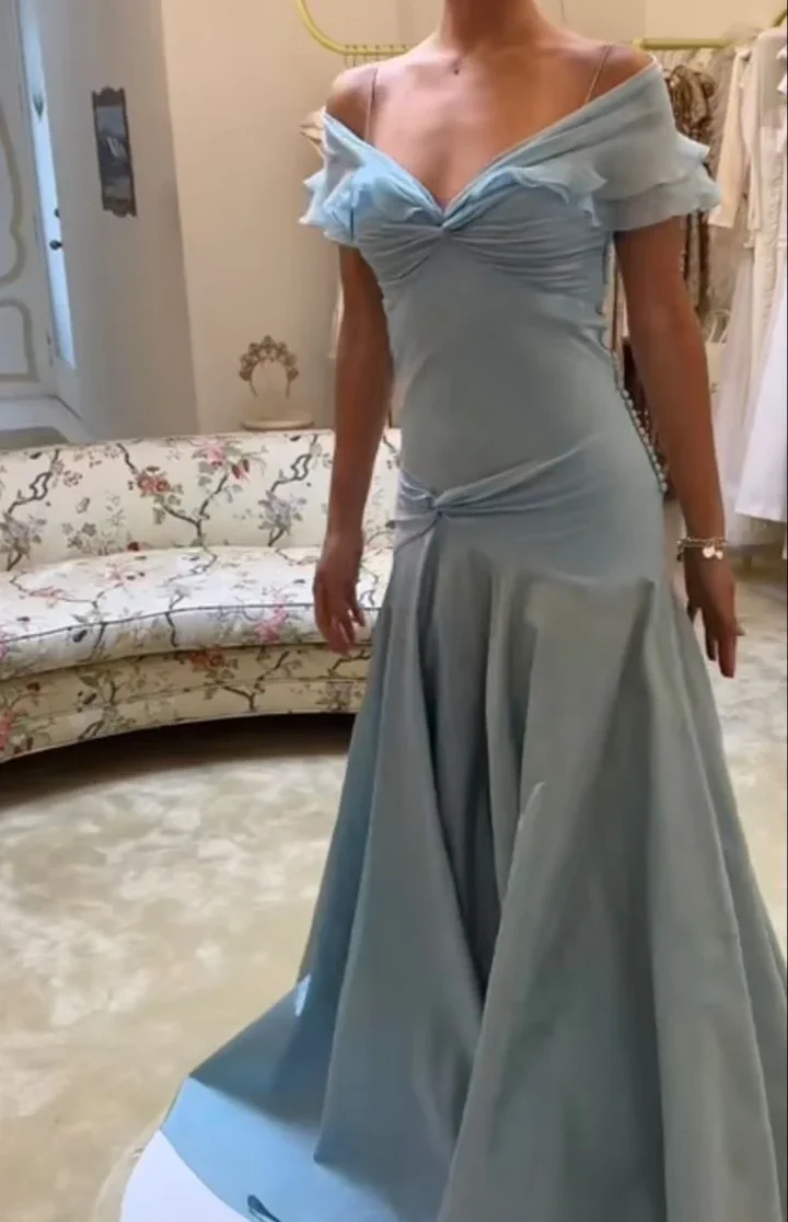 Retro Style A Line Off the Shoulder Blue Satin Long Party Dress Prom Dress DP2216