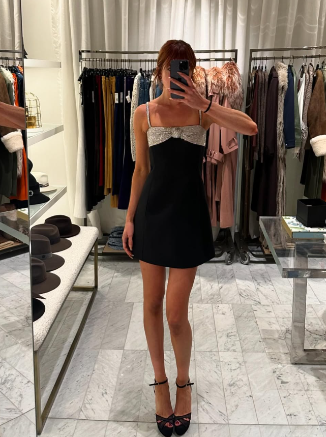 A Line Spaghetti Strap Silver Sequin Black Satin Homecoming Dress Cocktail Dress DP3163