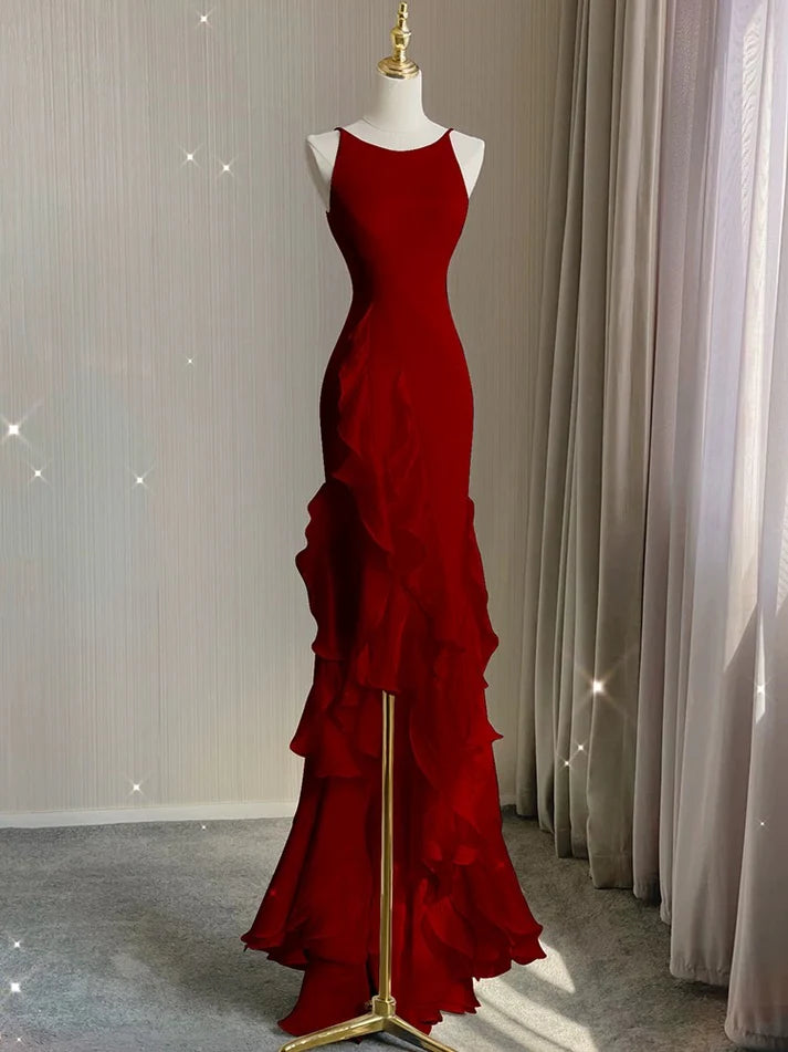 Simple Black Mermaid Spaghetti Strap Ruffle Chiffon Open Back Long Prom Dress Party Dress DP4125