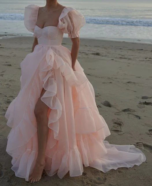 Light Pink A Line Puff Sleeves Tulle Long Prom Dresses With Slit DP890