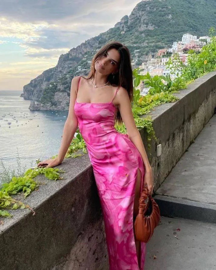 Sheath Spaghetti Straps Floral Satin Prom Dresses With Slit DP841