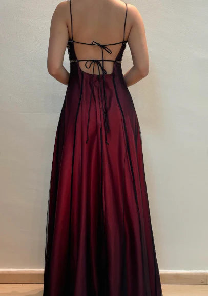 Burgundy Ombre Exquisite Beaded A Line Spaghetti Strap Satin Chiffon Prom Dress Evening Dress DP3162
