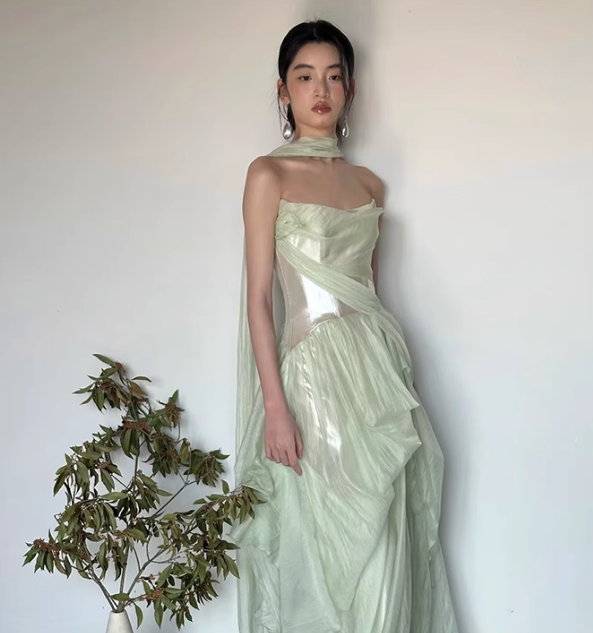 Sage Green A Line Strapless Pleated Chiffon Satin Prom Dress Evening Dress Formal Dress DP3157