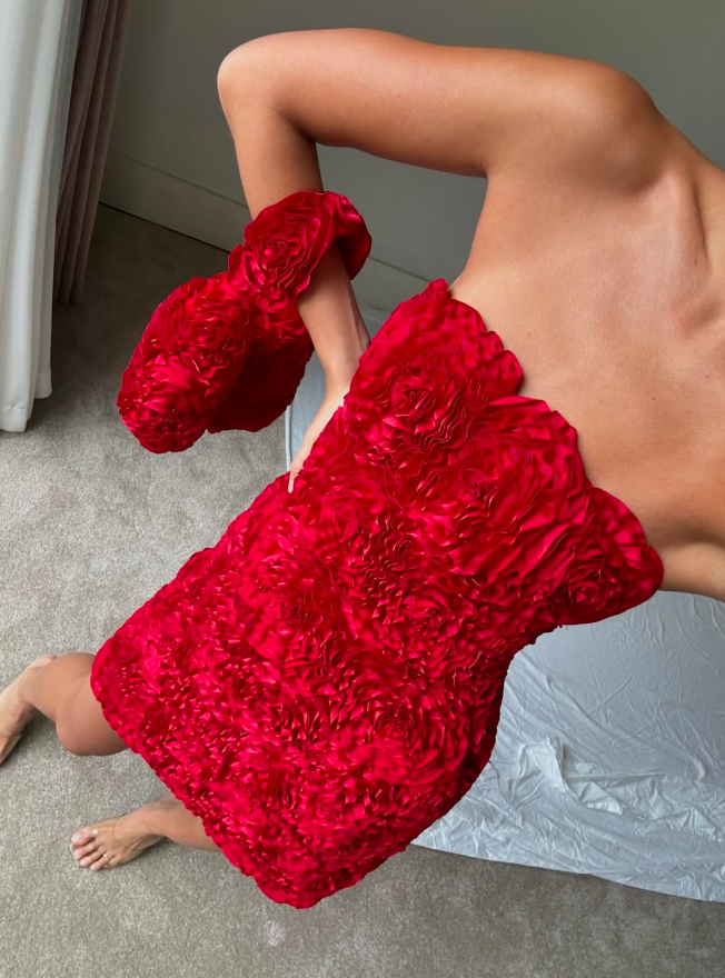 Red Sheath Strapless 3D Floral Satin Short Homecoming Dress Birthday Dress DP1506