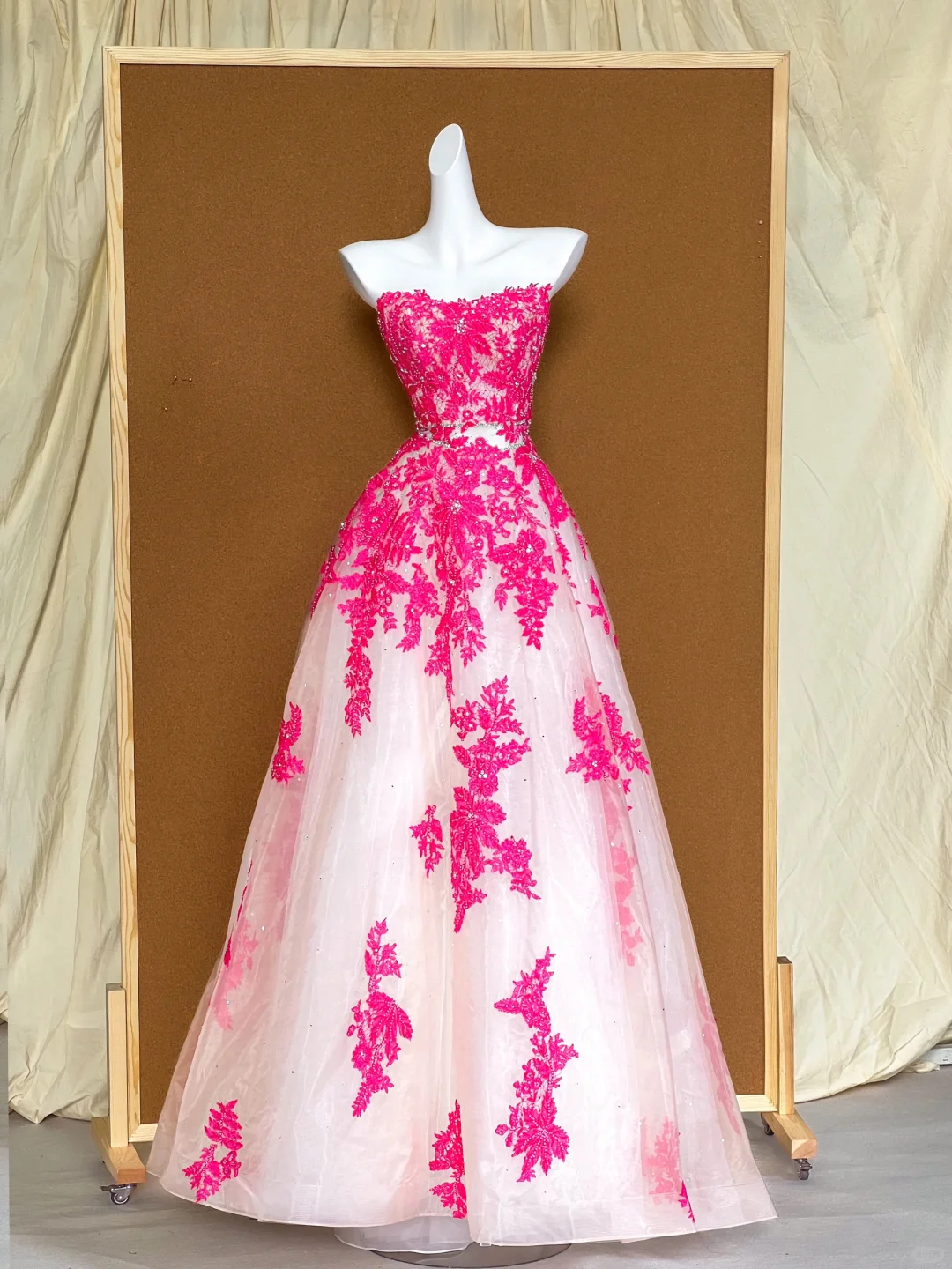 Barbie Pink Appliques A Line Strapless Tulle Long Prom Dress Formal Dress Birthday Dress DP3240