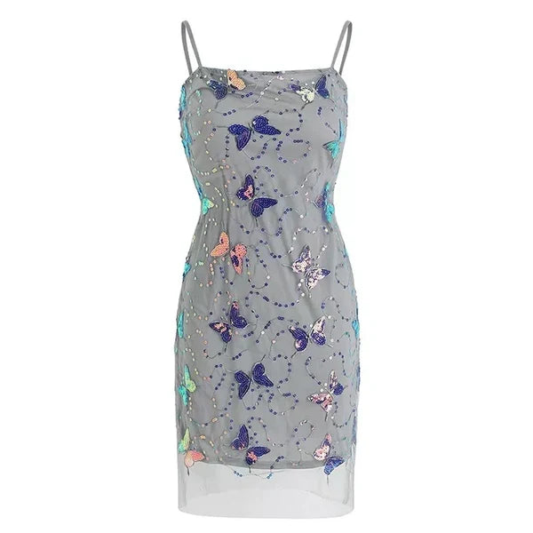 Elegant Sparkling Light Blue Spaghetti Strap Sequin Butterfly Design Party Dress Homecoming Dress DP7554