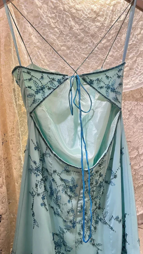 Elegant Gradient Blue Oil Painting Beaded Long Prom Dress DP4121