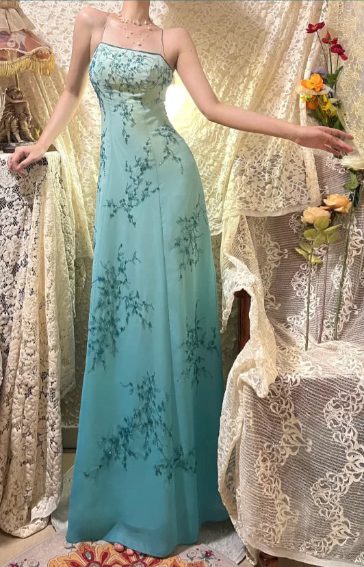 Elegant Gradient Blue Oil Painting Beaded Long Prom Dress DP4121