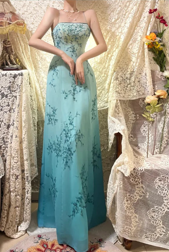 Elegant Gradient Blue Oil Painting Beaded Long Prom Dress DP4121