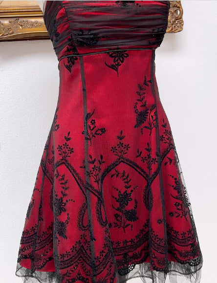 Vintage Black Tulle Lace Pink Satin A-line Birthday Short Skirt Homecoming Dress DP5751