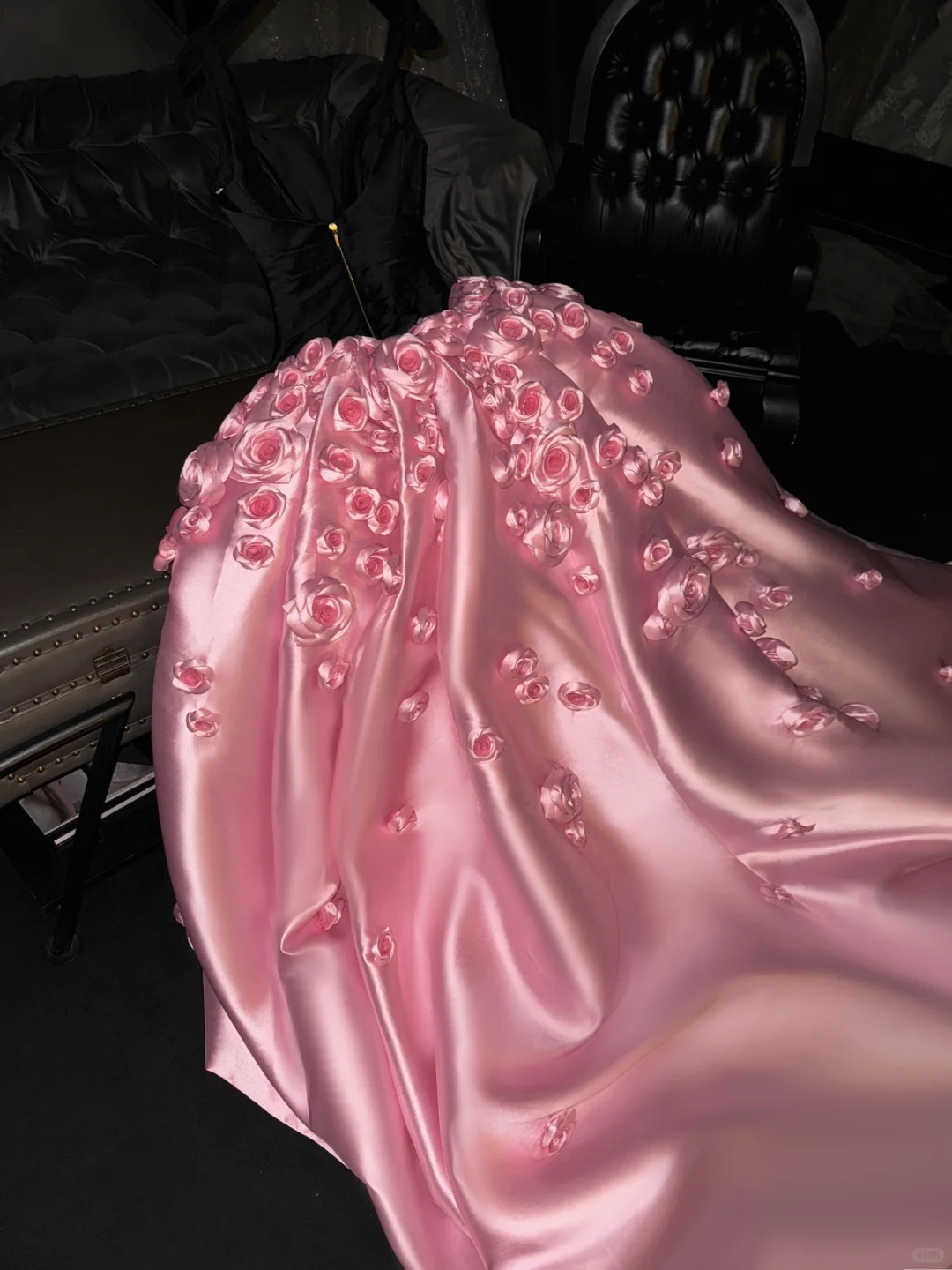 Elegant Sheath Strap Pink Flower Black Satin Prom Dress Evening Dress DP1949