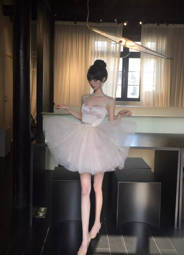 Light Pink A Line Spaghetti Strap Satin Tulle Homecoming Dress Birthday Dress DP3215