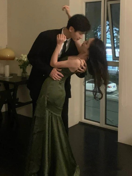 Sexy Mermaid Straps Green Party Dresses Satin Long Prom Dresses DP4127