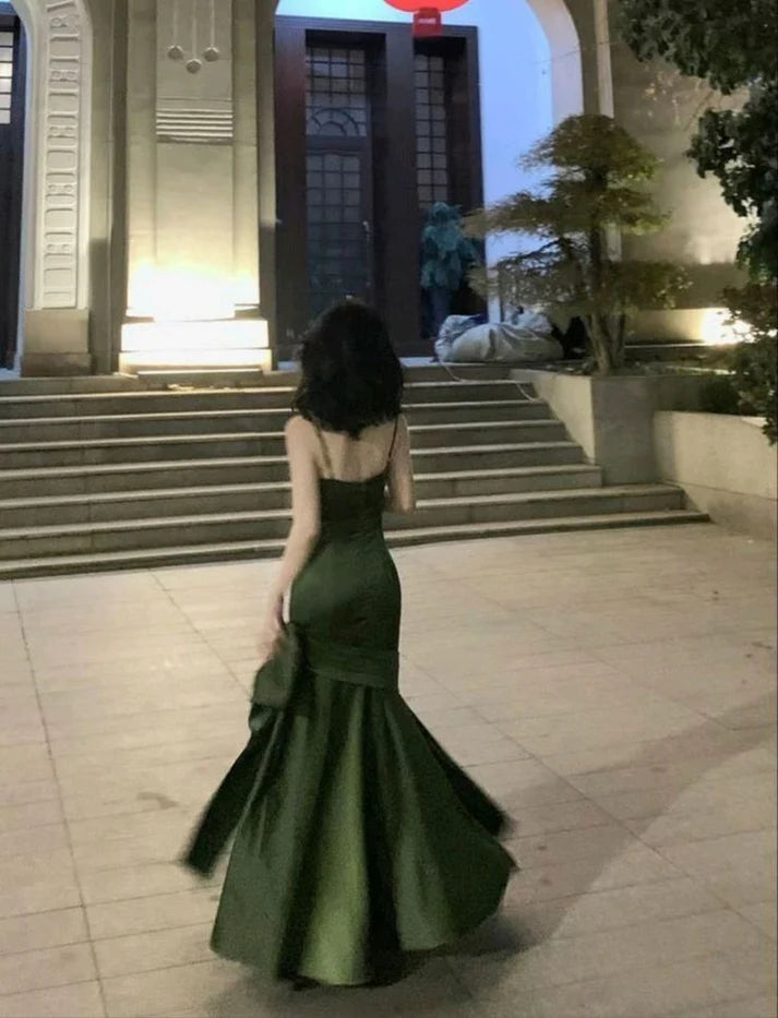 Sexy Mermaid Straps Green Party Dresses Satin Long Prom Dresses DP4127