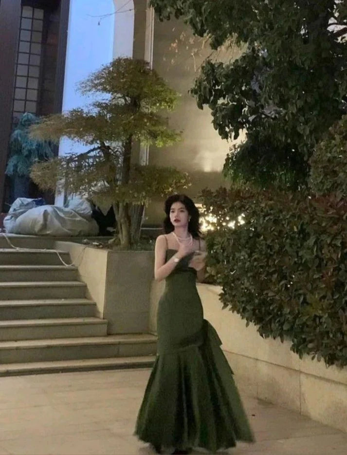 Sexy Mermaid Straps Green Party Dresses Satin Long Prom Dresses DP4127