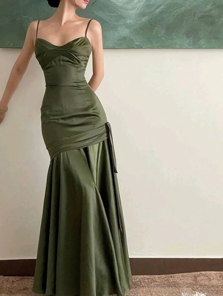 Sexy Mermaid Straps Green Party Dresses Satin Long Prom Dresses DP4127