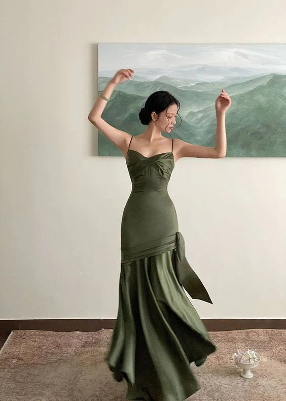 Sexy Mermaid Straps Green Party Dresses Satin Long Prom Dresses DP4127