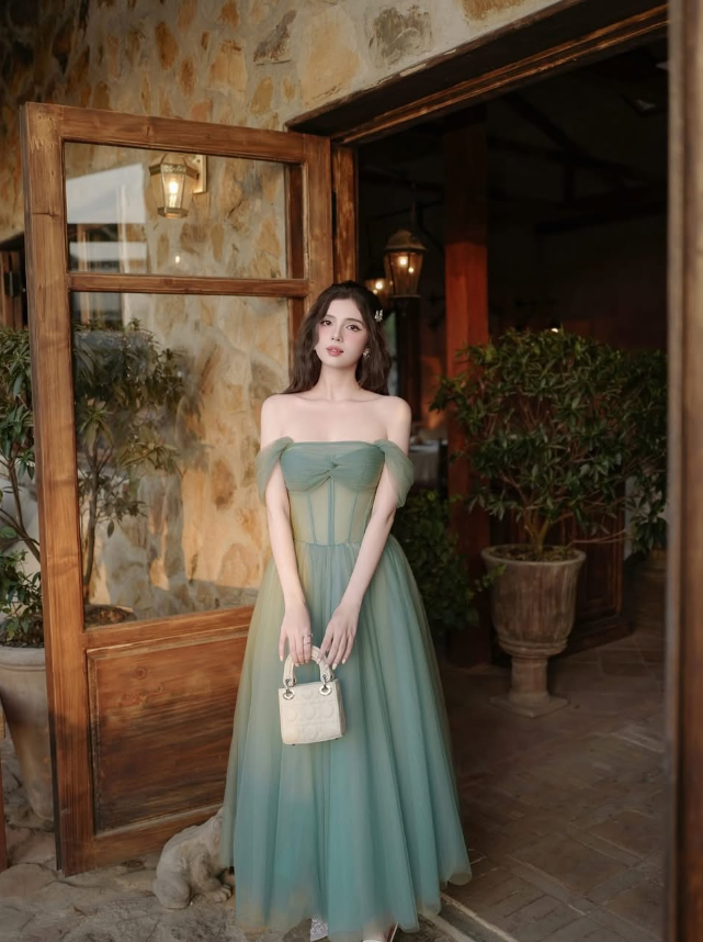 Cute A Line Off the Shoulder Corset Green Tulle Prom Dress Graduation Prom Dress DP2254